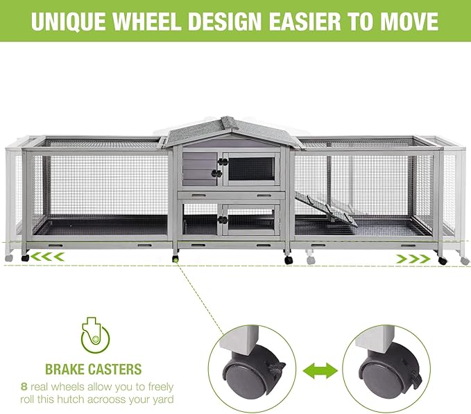 Rabbit Hutch Bunny Cage Indoor & Outdoor Rabbit Cage on Wheels, Large Guinea Pig Cage with 4 Deep No Leakage Pull Out Trays - 93.7"