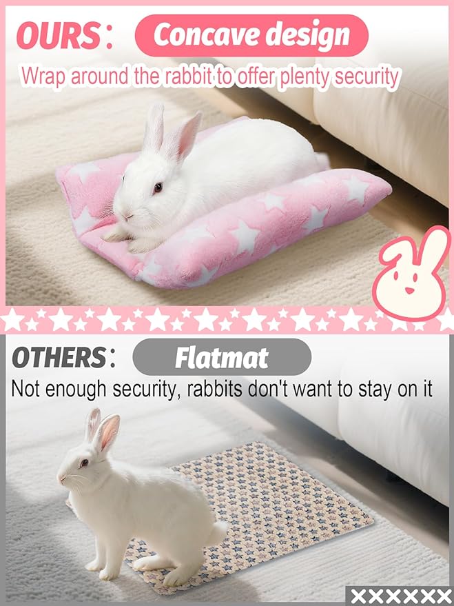 MEWTOGO 15.7" x 14" Bunny Bed for Rabbit Cage - Thickened Soft Prevent Sore Hocks Plush Mat with Cotton Lounger Pillows, Small Animal Flop Mat for Hutch Sleeping Indoor, Pink-Star