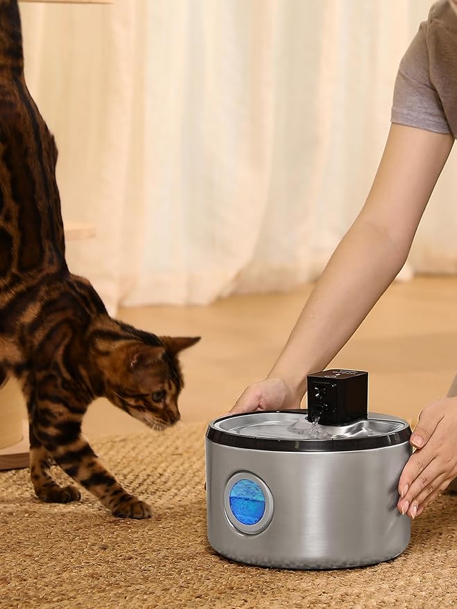 FUKUMARU Wireless Cat Water Fountain, 2025 Upgraded 152oz/4.5L Stainless Steel Battery Operated Dog Water Dispenser, Cordless Automatic Pet Fountain with 3 Modes, Hydrate for up to 15 Days