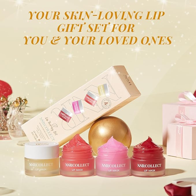 ANRCOLLECT Lip Mask Overnight Set, 4Pcs Lip Care Hydration Treatment Exfoliator Mask Kit, Revives & Nourishes Gift Set for All Day Moisturizing with Collagen & Shea Butter, Valentines Day Gifts