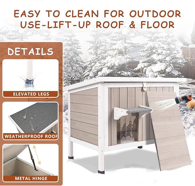 Insulated Cat House Outdoor Feral Cat Shelter House for 1-2 Cats, All Around Foam Cat Houses for Oudoor Cats Weathproof Wooden Indoor Cat House with Waterproof Roof, Escape Doors