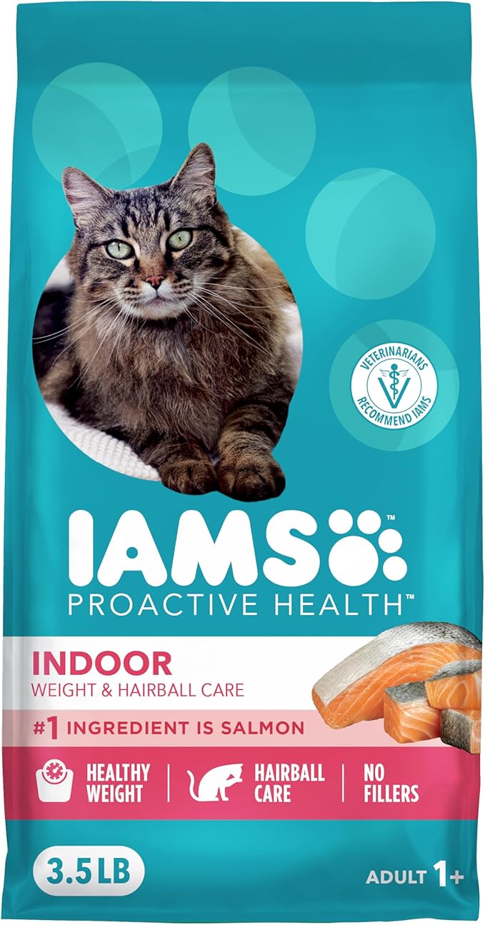 IAMS Proactive Health Indoor Weight Control & Hairball Care Adult Dry Cat Food, Salmon Recipe, 3.5 lb. Bag