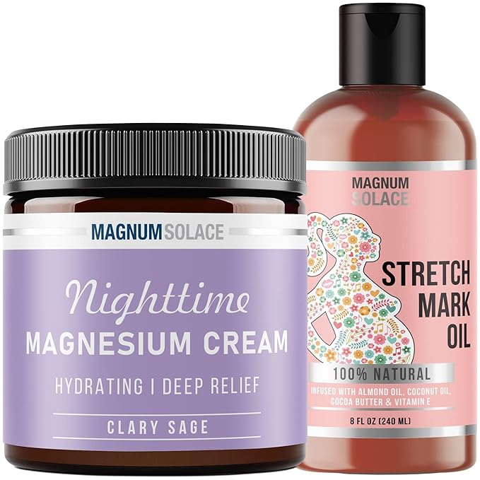 Nighttime Magnesium Cream (Clary Sage) and Stretch Mark Oil (Cocoa) - 2 Pack Bundle