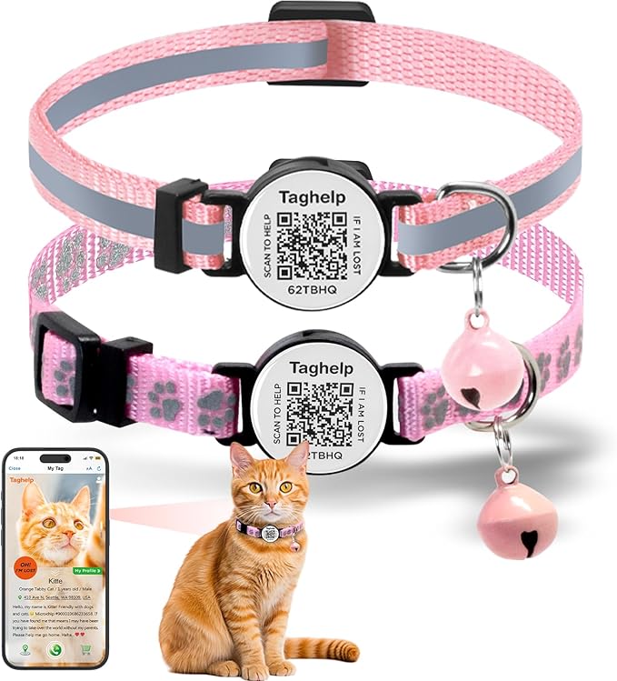 Safe & Elegant Cat Collar Breakaway with QR Code ID, 2 Pack Adjustable Kitten Collar with Name Tag & Bells – Smart Reflective Safety for Easy Pet Info Management (Pink)