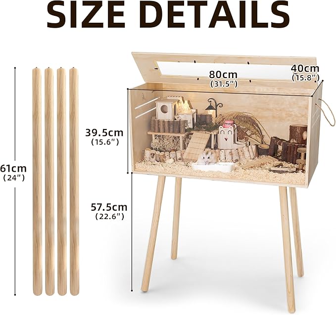 Pine Small Animals Houses&Habitats Chewproof, 32" Pine Guinea Pig Cage Hamster Cage for Small Animals (32" Medium, High-Legged Stick)
