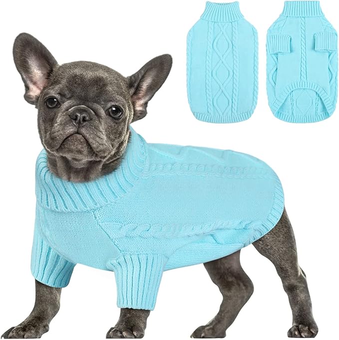 Queenmore Small Dog Pullover Sweater, Cold Weather Cable Knitwear, Classic Turtleneck Thick Warm Clothes for Chihuahua, Bulldog, Dachshund, Pug (Sky Blue, X-Large)