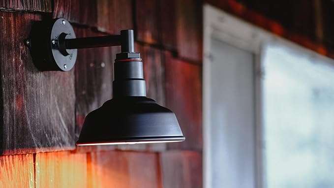 Steel Lighting Co. | Dusk to Dawn | Hawthorne Barn Light | Outdoor Wall Mounted | 8 in Dome | 16 inch Gooseneck| Small Farmhouse Light Made in America | Gray Blue/Brass