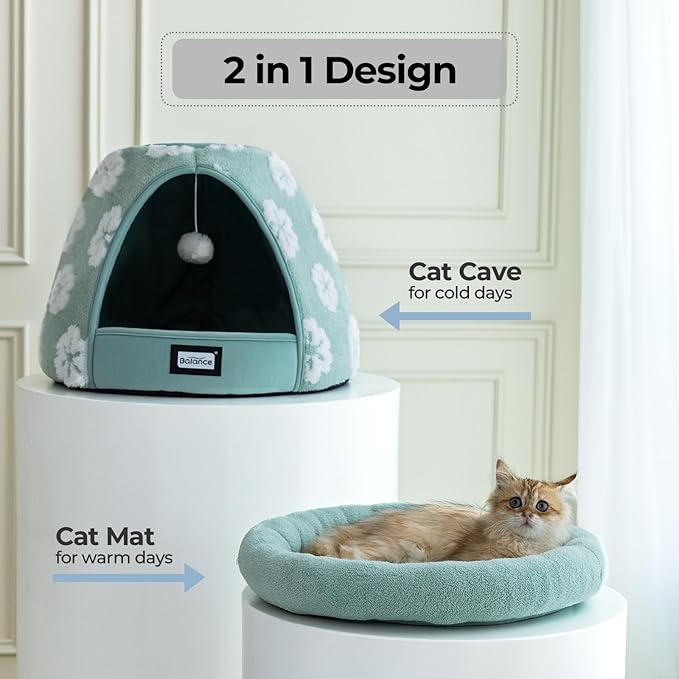 BALANCE Cat Beds for Indoor Cats, 2-in-1 Cat Bed Cave with Anti-Slip Bottom and Ultra-Soft Plush, Cozy Cats House Tent for Kittens and Small Dogs, 21 Inches, Green