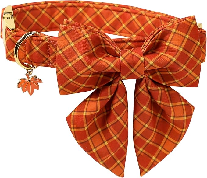 DOGWONG Cotton Fall Dog Collar, Orange Plaid Dog Collar with Bow Halloween Dog Collars Puppy Necklace for Small Medium Large Dogs