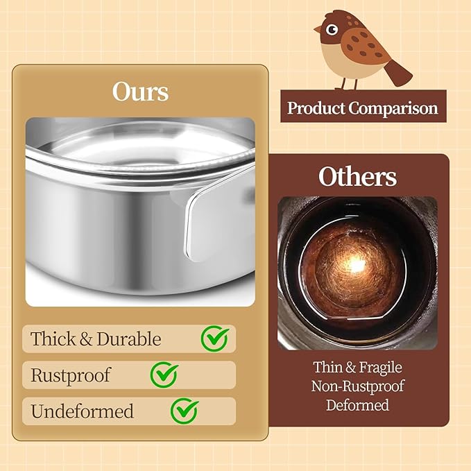 Bird Cage Feeder, Bird Feeder for Cage, 2 Pcs 10oz Stainless Steel Food Water Bowls with Clamp, Hanging Coop Cups for Parrot Cockatiel Hamster Rabbit Rat Small Animals
