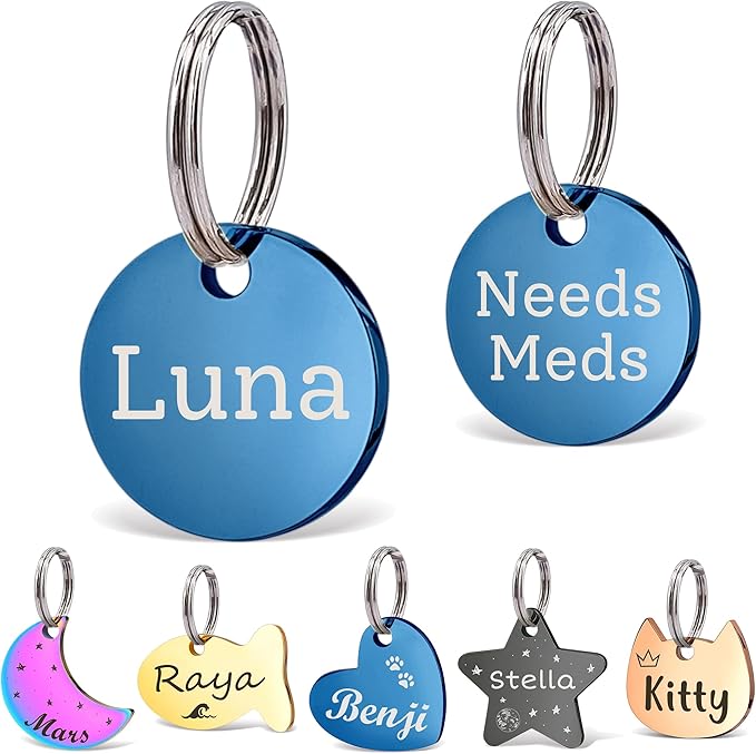 Anavia Small Size Dog Cat ID Tags, Small/XS Personalized Color Plated Stainless Steel Puppy Kitten Name Tags, Customized Engraved Nameplate Pet Collar Tag (Blue, XS-Round)