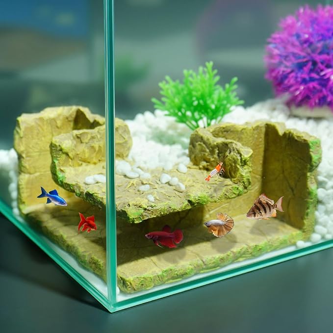 Underground Resin Rock Dual Hole Hideout - View Fish in Natural Corner Tunnel | 5.3×5.3×2.8" | Ideal for Shrimp, Betta, Plecos