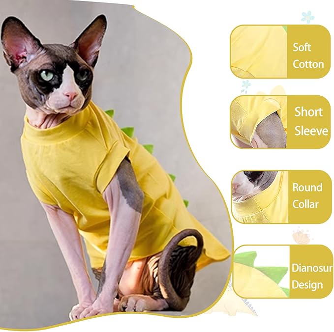 QBLEEV Sphynx Cat Clothes – Soft Cotton Dinosaur Shirt for Hairless Cats Only, Breathable Pet Daily Wear Apparel for Summer, Kitten Costume Pajamas for Indoor/Outdoor Use, XS-2XL