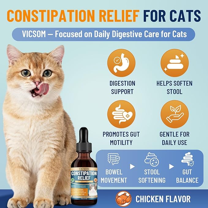 VICSOM Cat Constipation Relief for Cats, Natural Liquid Constipation Drops for Cats Soften Stool, Promotes Digestive Health, Cat Herbal Supplements, Chicken Flavor, 60 Ml/2 Fl Oz