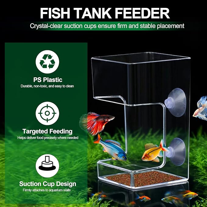 2-Pack Clear Acrylic Aquarium Feeding Stations – Dual Shaped Square & Cylinder Fish Food Dispensers with Suction Cups, Prevent Floating Food & Maintain Tank Clarity