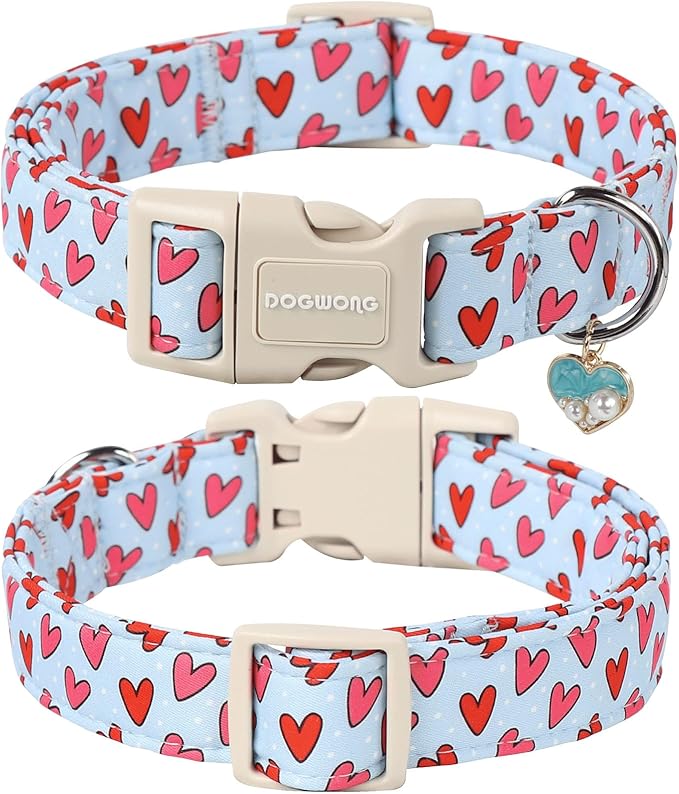 DOGWONG Valentine Dog Collar- Cute Blue Heart Dog Collars Adjustable Designer Valentine’s Day Puppy Heart Dog Collar for Small Medium Large Dogs S