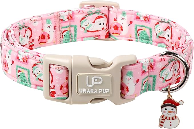 Christmas Dog Collars - Lovely Pink Snowman and Lantern Print Dog Collar - Lightweight, Adjustable Collar for Small to Large Dogs M