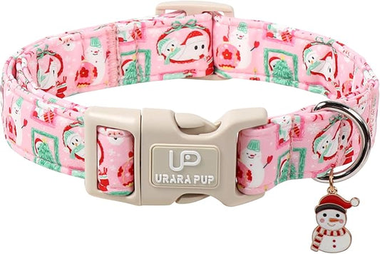 Christmas Dog Collars - Lovely Pink Snowman and Lantern Print Dog Collar - Lightweight, Adjustable Collar for Small to Large Dogs XL