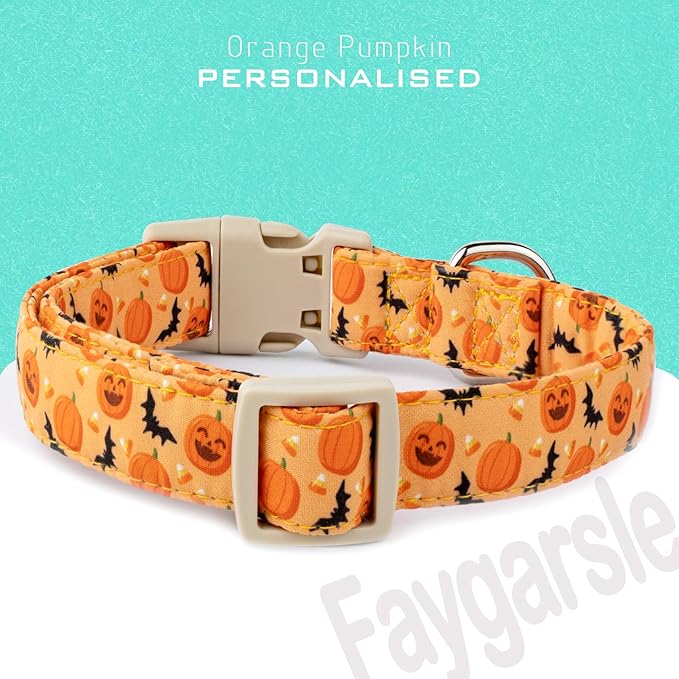 Faygarsle Halloween Dog Collar, Orange Pumpkin and Bat Pattern, Fall Festive Design for Small Medium Large Dogs XS