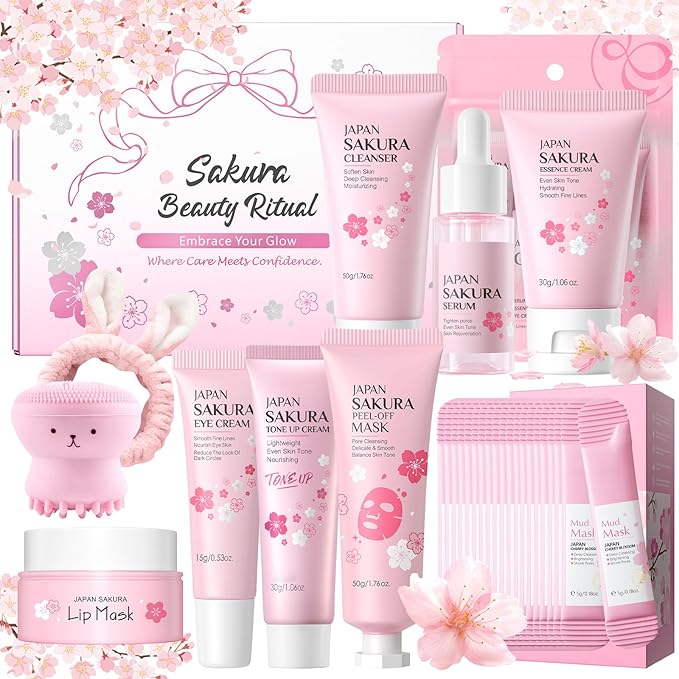 29Pcs Valentine's Day Sakura Skincare Set, Skincare for Girls 10-12, Complete Skincare Routine for Clean, Soft and Hydrated Skin, Ideal Gift for Teen Girls