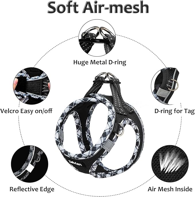 Cat Harness and Leash Set for Walking, Escape Proof Adjustable Soft Mesh Kitten Harness with Reflective Strips, Breathable No-Choke Pet Vest for Medium Cats or Small Dogs(Black,M)