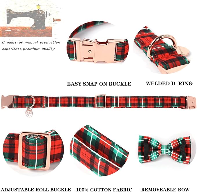 DOGWONG Christmas Red Plaid Dog Collar Bow Adjustable Red Checked Dog Collar Bow Tie Cute Christmas Red Dog Collar for Small Medium Large Dogs