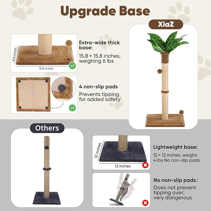 XiaZ Cat Scratching Post 34'' Tall, Cat Scratchers Tree Tower for Indoor Kitty with Extra Wide 15.8" Stable Base and 2 Toy Balls, Natural Sisal & Plush Fabric for Small, Medium Cats (Brown, 2.8in)