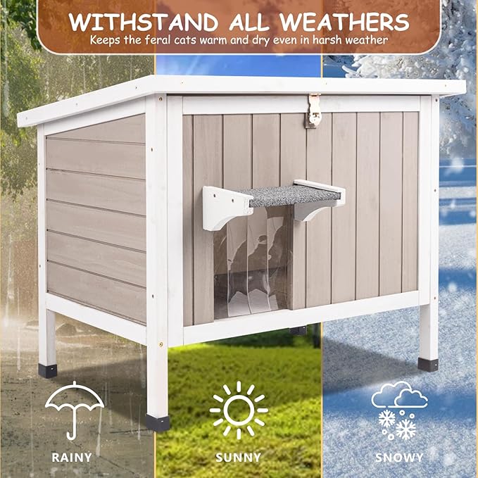Insulated Outdoor Cat House, All-Weather Wooden Feral Cat Shelter for Winter, 3-Layer EPS Foam-Core Panels, Raised Base, Door Flap & Lockable Escape Door, Lift-Up Roof for Easy Cleaning
