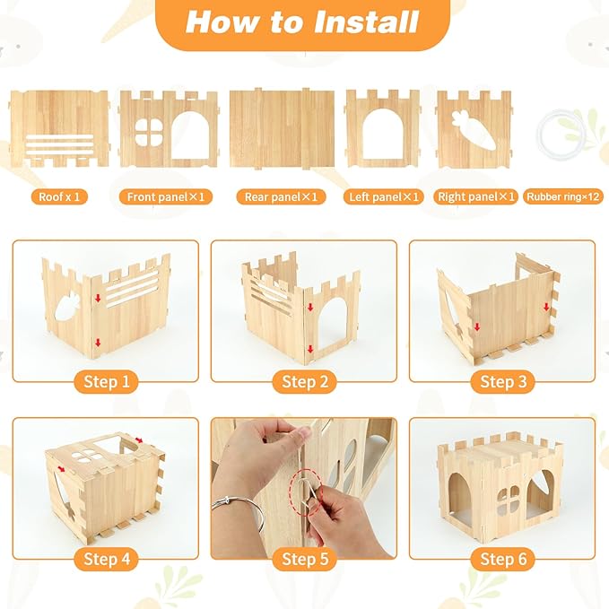 BWOGUE Large Wooden Rabbit House and Hideouts Bunny Castle Detachable Small Animal Play Hideaway Rabbit Hideout Cage Accessories for Indoor Adult Rabbit Guinea Pig Chinchilla Habitat