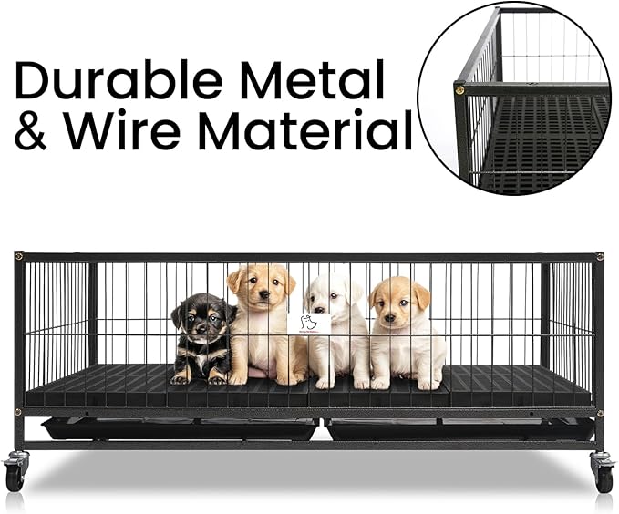 Homey Pet Nine Packs 43" Dog Whelping Box for Puppies, Heavy Duty Metal Whelping Box for Small Breed Dogs with Washable Plastic Floor, Removable Tray and Four Lockable Wheels