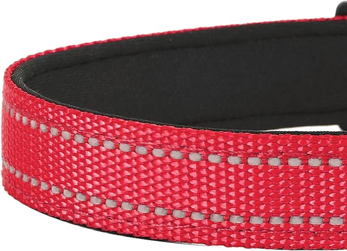 Reflective Dog Collar, Adjustable Soft Neoprene Padded Nylon Pet Collars with Buckle for Medium Dogs,M, Red