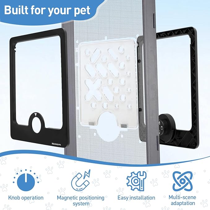 4-Way Locking Cat Door for Thin Materials - Adjustable Pet Door Flap fits Screens, Boxes & Carriers, 8x12 Inch Small Door for Crates, Litter Box Enclosures & DIY Pet Rooms (New Box)