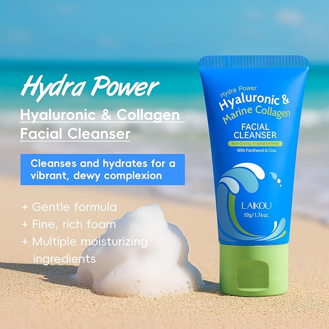 LAIKOU Hydra Power Skin Care Set - Hyaluronic & Marine Collagen Skin Care - Skin Care Kit with Facial Cleanser, Serum, Toner, Cream, Eye Cream - Non-Greasy, Fragrance Free - Beauty Gift