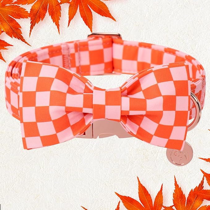 DOGWONG Orange Pink Plaid Dog Collar with Bow - Adjustable and Comfortable Autumn Dog Collar Fall Necklace for Large Medium Small Pet