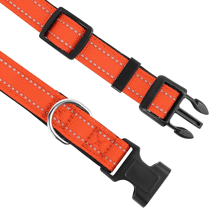 Reflective Dog Collar, Adjustable Soft Neoprene Padded Nylon Pet Collars with Buckle for Puppy and Small Dogs, Cats, Orange,XS