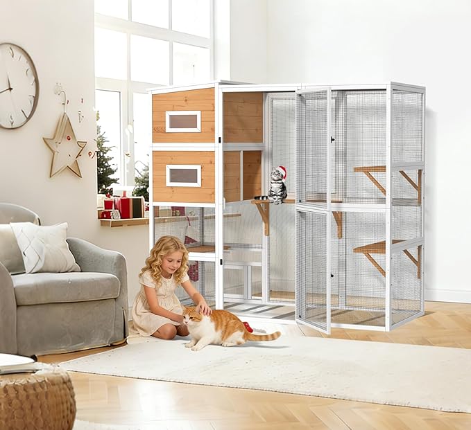 Catio Outdoor Cat Enclosure, Large 4 Tiers Cat Catio Connect to Window for Outdoor Indoor Cats with Weatherproof Roof, Resting Rooms, Platforms, Large Door, 76" L x 32.9" W x 70.8" H, White
