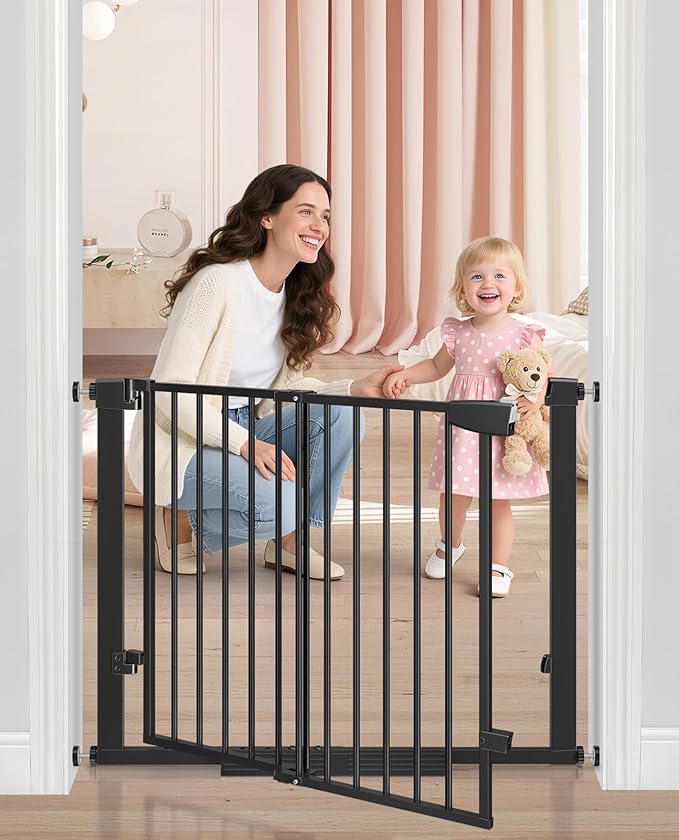 29-40“Easy Walk Thru Baby Gate for Doorways&Stroller,Auto Close Dog Gate Indoor for Stair,No Drill Pressure Mounted Baby Gate with Large Walk-Through Door,Safety Gate for Children&Pets(Black)