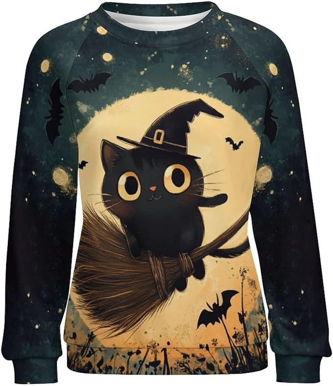 Halloween Sweatshirts for Women Black Cat Print Pullover Crewneck Oversized 2024 Fall Fashion Casual Warm Shirt