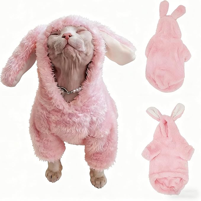 Stretchy Fuzzy 2-Leg Cat Hoodie Pajamas for Sphynx,Soft Fluffy Loungewear with Bunny Ears, Cozy Home Clothes for Hairless Cats, Winter Warm Outfit Sweater (Pink, XXL (11-14 lbs))