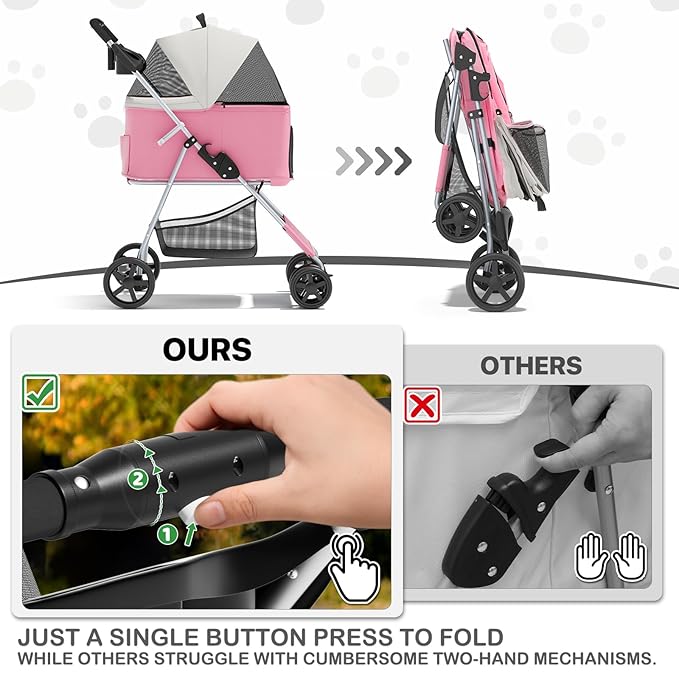 MoNiBloom 3 in 1 Foldable Pet Stroller for Small & Medium Dogs, Detachable Carrier, Car Seat, Push Button Entry, 4-Wheel Jogger for Pets up to 33 lbs, Pink