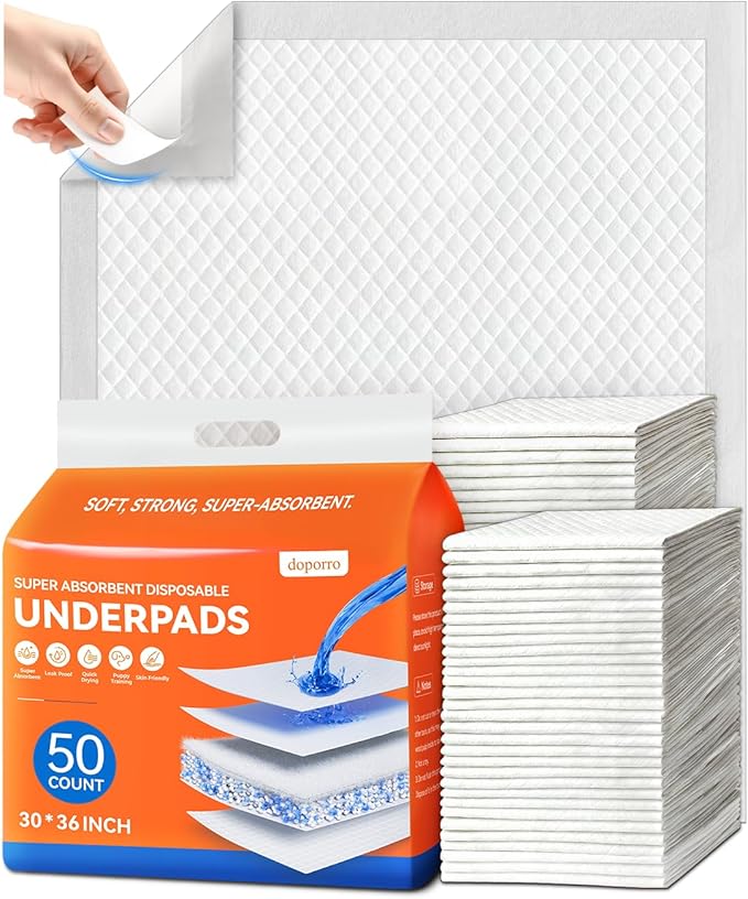 Disposable Incontinence Underpads for Adults, Super 6-Layer Absorbent & Leak-Proof Bed Pads with Adhesive Strips, Overnight Quick-Drying Adult Bed Pads, 30" x 36" 50 Count