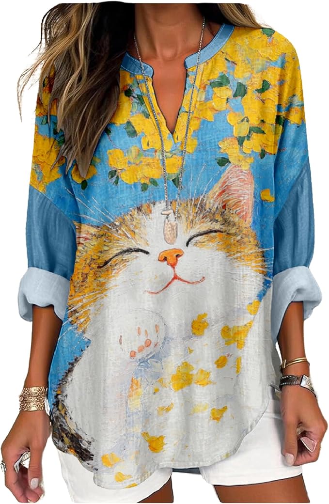 MARSVOVO Cat Shirts for Women Long Sleeve Cute Cat Pullover Graphic Novelty V Neck Blouse Oversized Funny Tunic Tops