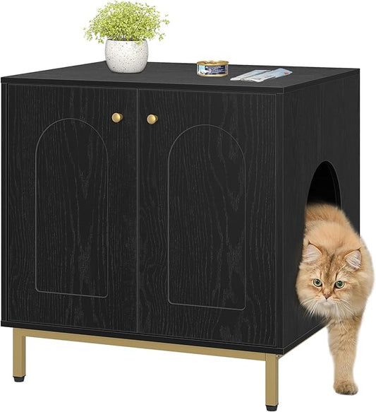 Cat Litter Box Enclosure, Hidden Litter Box Furniture Cabinet, Wooden Indoor Cat House, Side End Table, Living Room, Bedroom, Black and Gold CB81204G