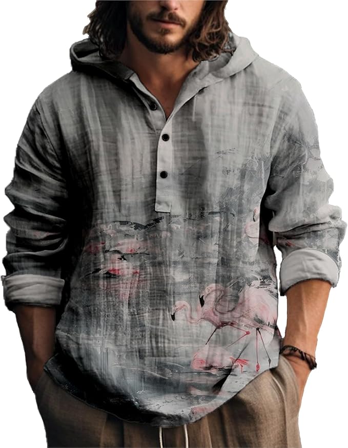 MARSVOVO Japanese Art Animal Hooded Shirt for Men Long Sleeve Quarter Button Lightweight Hoodie Cool Streetwear Tops