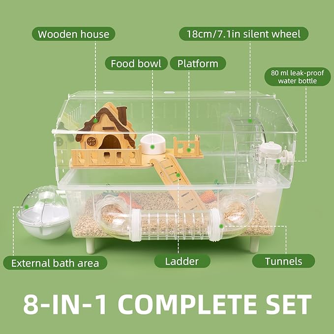 Clear Acrylic Hamster Cage, Dwarf Hamster Cage, Mouse Cage, Gerbil Cage - All-in-One Hamster Habitat with 18cm Silent Wheel, Tubes & Full Kit, 17.7×11.8×13" for Dwarf Hamsters, Mice, Gerbils