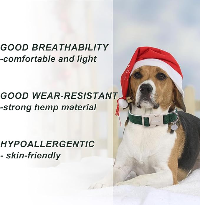 DOGWONG Cotton Hemp Dog Collar - Heavy-Duty Adjustable Soft Natural Fabric Pet Collar for Christmas, Holiday - Cute Puppy Necklace for Small Medium Large Dogs (Green)