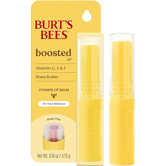 Burt's Bees Boosted Lip Balm Sheer Plus; Vitamin Lip Balm, Nourishing Vitamin C, E, and F Core; 24 Hour Moisture; Tint Free, Semi Glossy Finish; 100% Natural Origin; 1 Tube; 0.16 Oz. (Pack of 2)
