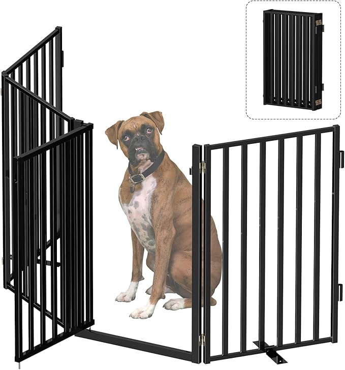 Dog Gate Free Standing with Door for Stairs, 36" Tall Dog Fence Freestanding Indoor Outdoor Use for Doorways, Metal Black 4 Panels