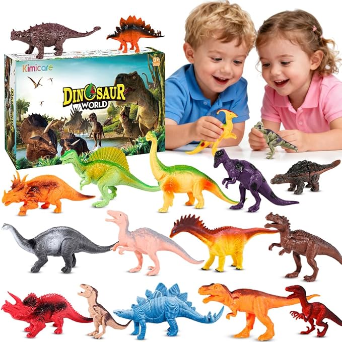 Kimicare Kids Dinosaur Figures Toys, 18 Pcs Plastic Dinosaur Toys for Kids 3-5, STEM Educational Realistic Dinosaurs Figurine Playset for Toddlers, Dino Toy Birthday Gifts Christmas Stocking Stuffers