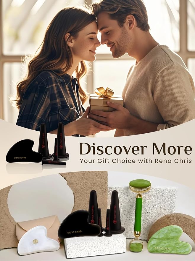 Rena Chris Facial Cupping Set & Gua Sha Facial Tool - Silicone Cupping Set & Obsidian Gua Sha Stone - Face Cupping Therapy Set for Natural Skin Care, Puffiness, Lip Plumping(Black)